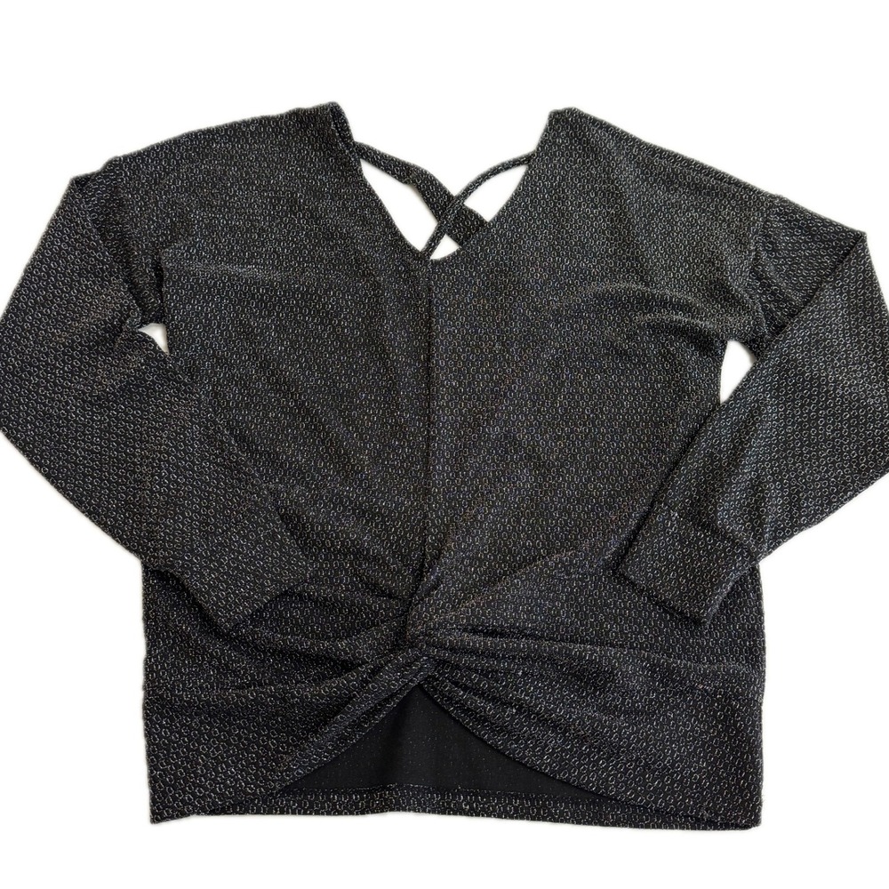 Willow + Root Top Womens Small Black Silver Lurex Metallic‎ V-Neck Twist Front